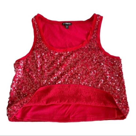Express Ruby‎ Red Metallic Sequin Crop Tank Top Y2K Holiday All Over Sequins - Picture 3 of 5